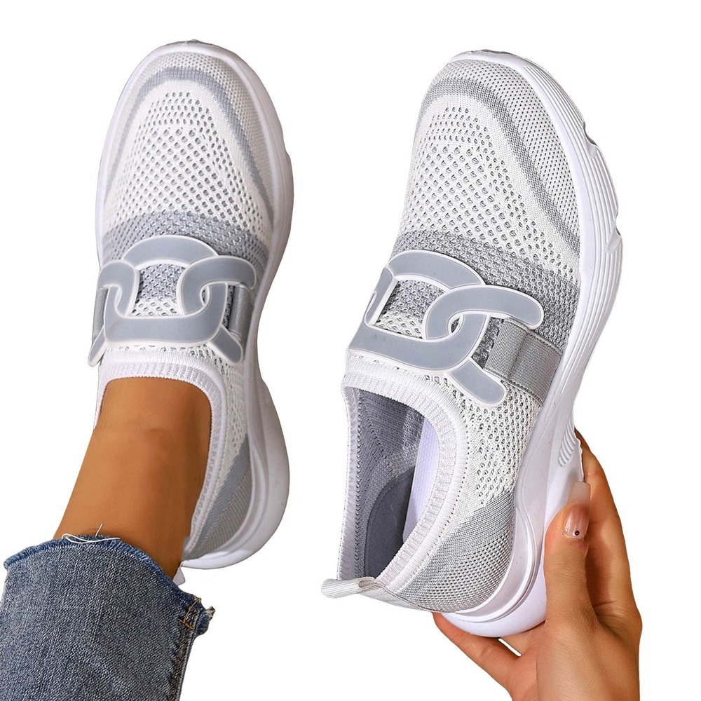 Womens Grey White Knit Mesh Slip On Sneakers Walking Shoes